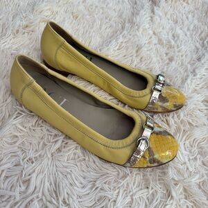 AGL Leather Cap Toe Ballet Flats snakeskin print SZ 39 or 8.5 yellow buckles